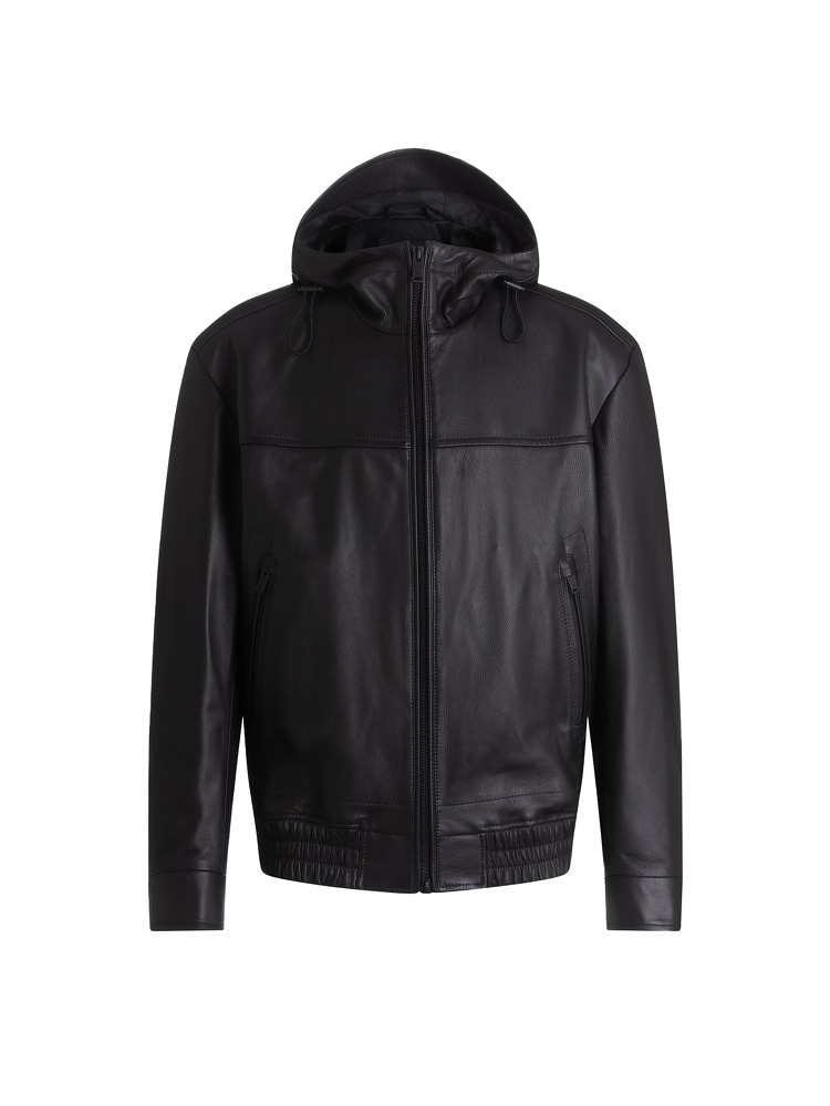 【BOSS博斯】黑色标准版型连帽皮衣