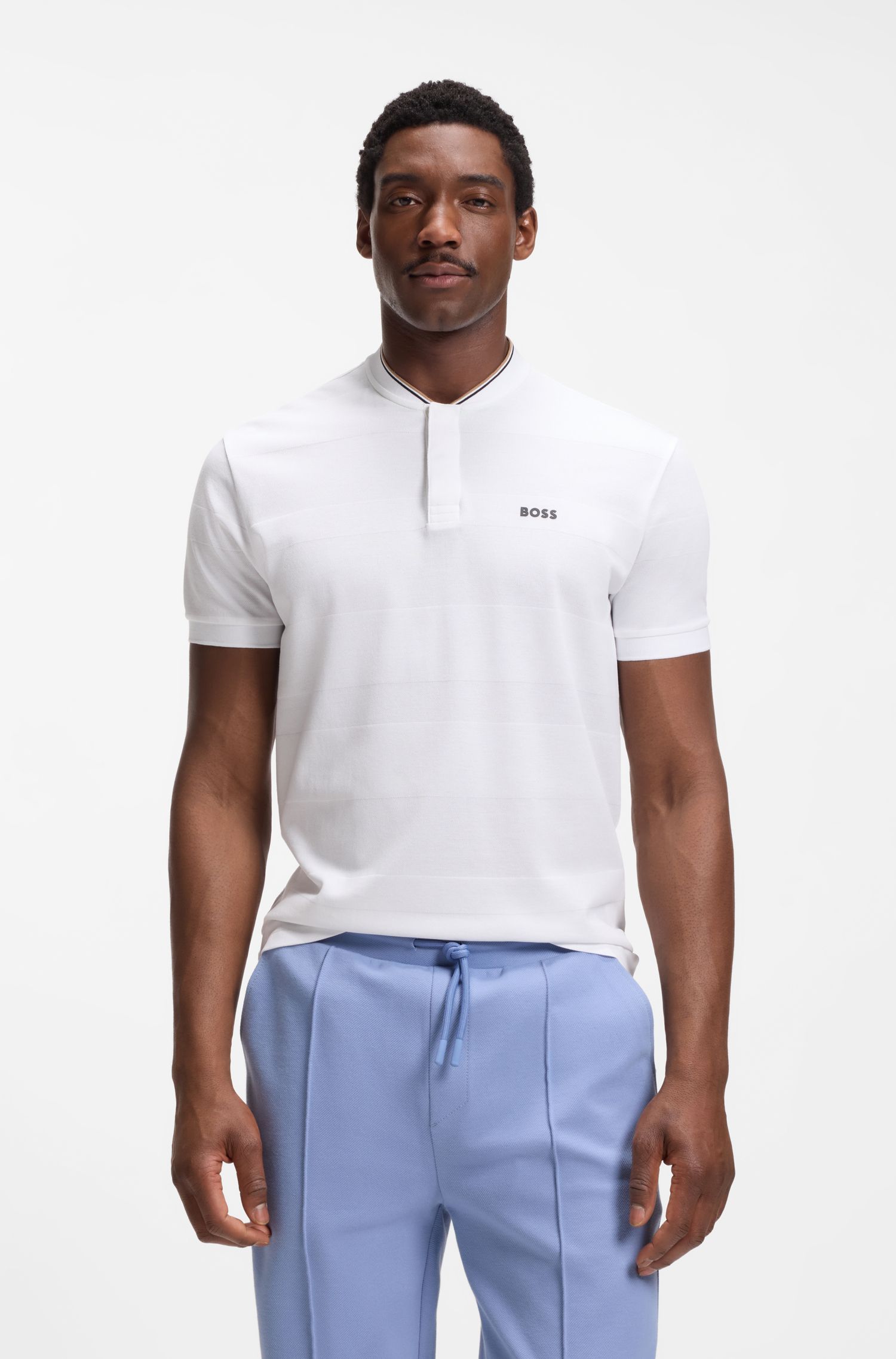 【BOSS博斯】条纹结构棉质珠地布混纺 Polo 衫