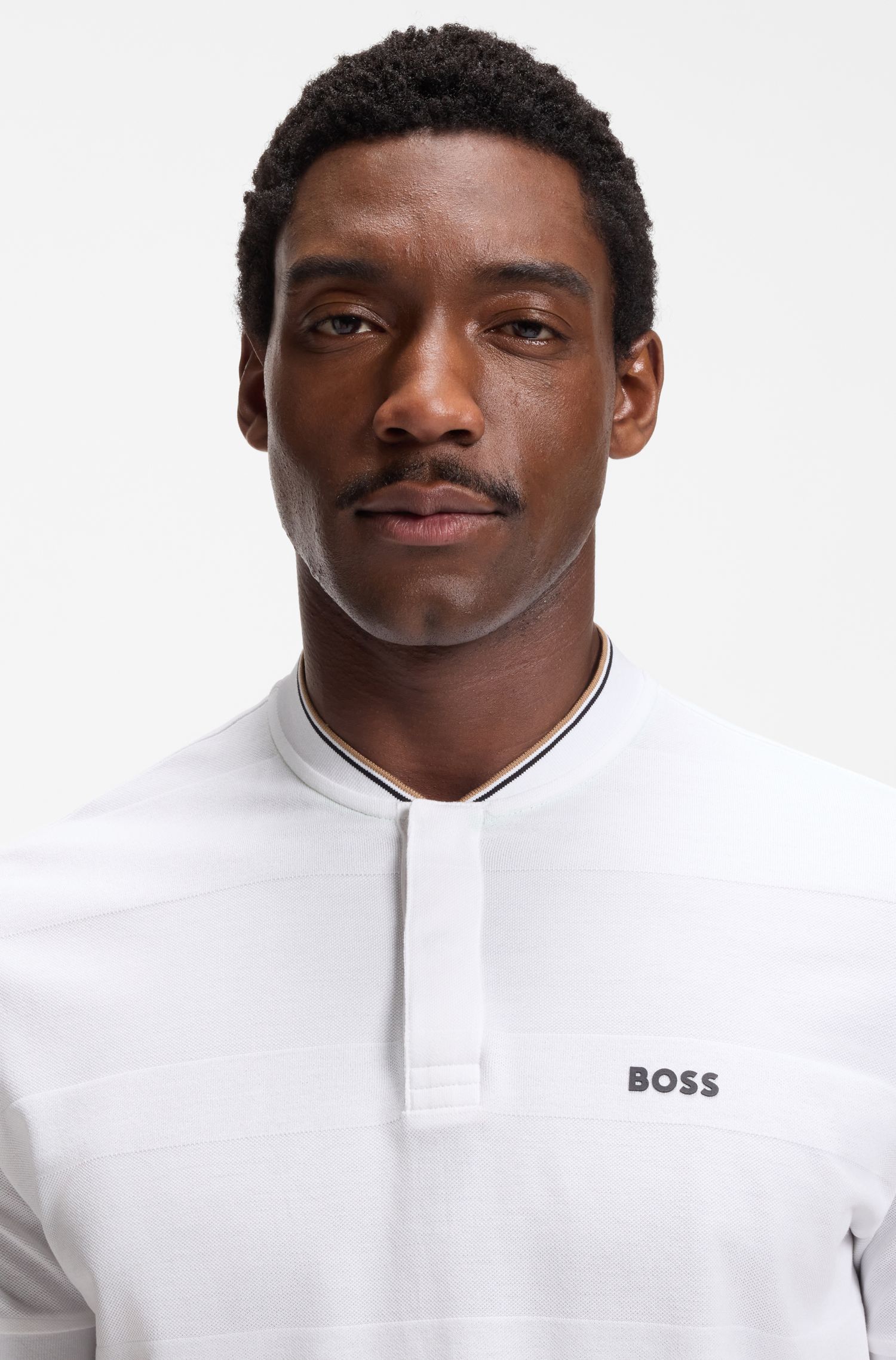 【BOSS博斯】条纹结构棉质珠地布混纺 Polo 衫