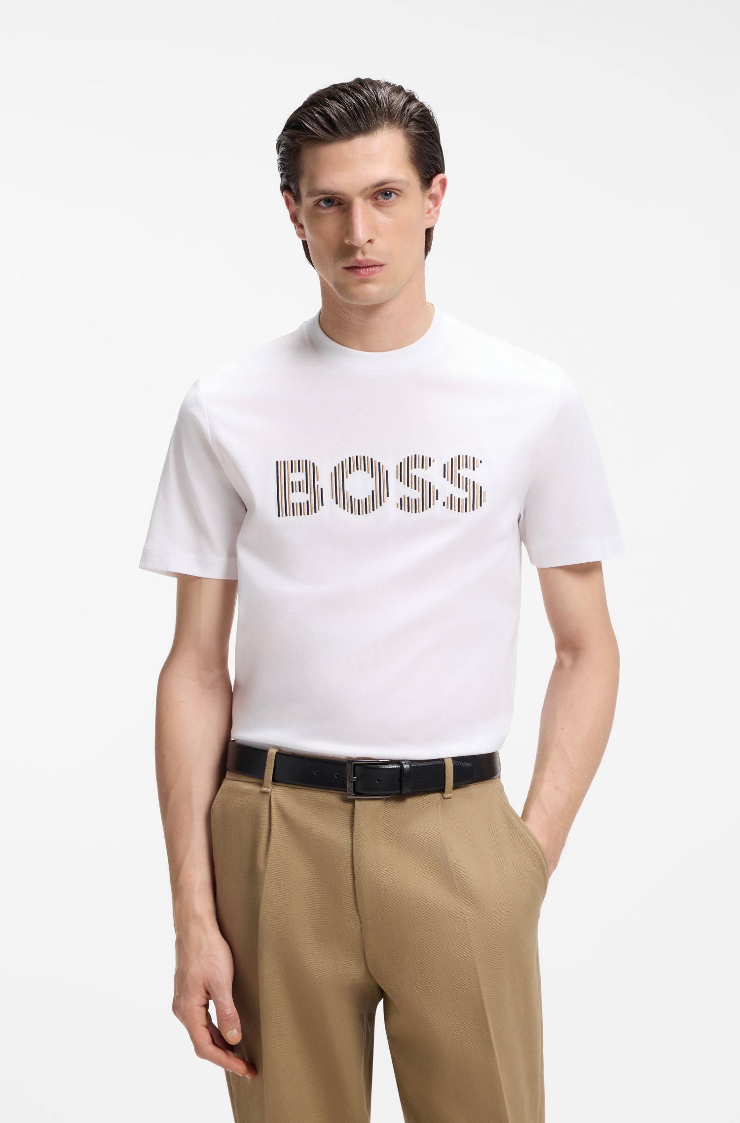 【BOSS博斯】条纹艺术图案棉质平纹布 T 恤