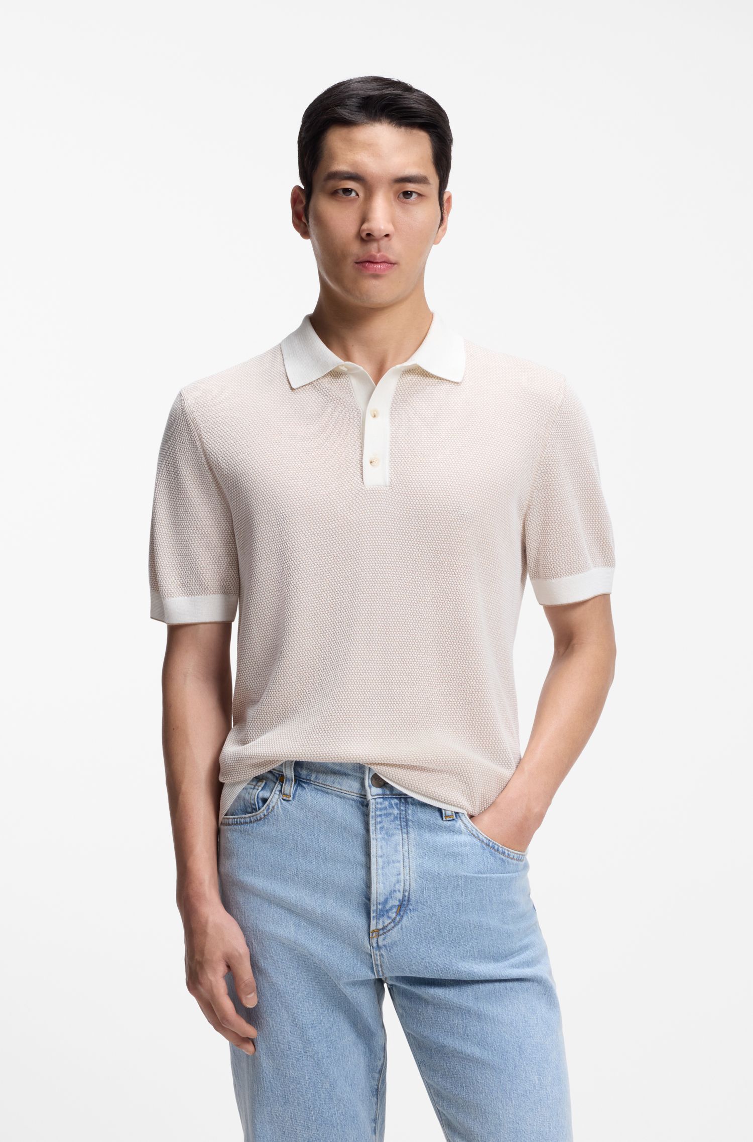 【BOSS博斯】真丝和棉质混纺短袖挺括针织毛衣