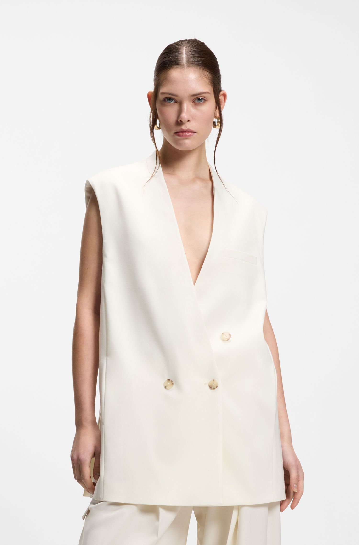 【BOSS博斯】羊毛混纺宽松版型无袖西装外套