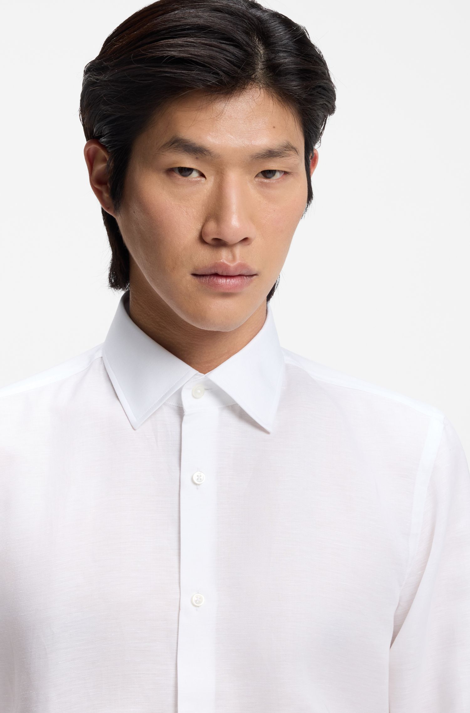 【BOSS博斯】亚麻混纺斜纹布修身衬衫