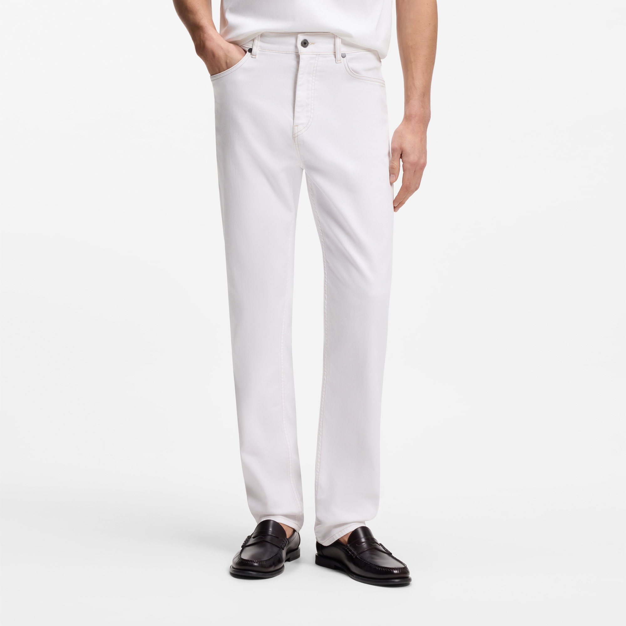 【BOSS博斯】白色弹力牛仔布五口袋牛仔裤