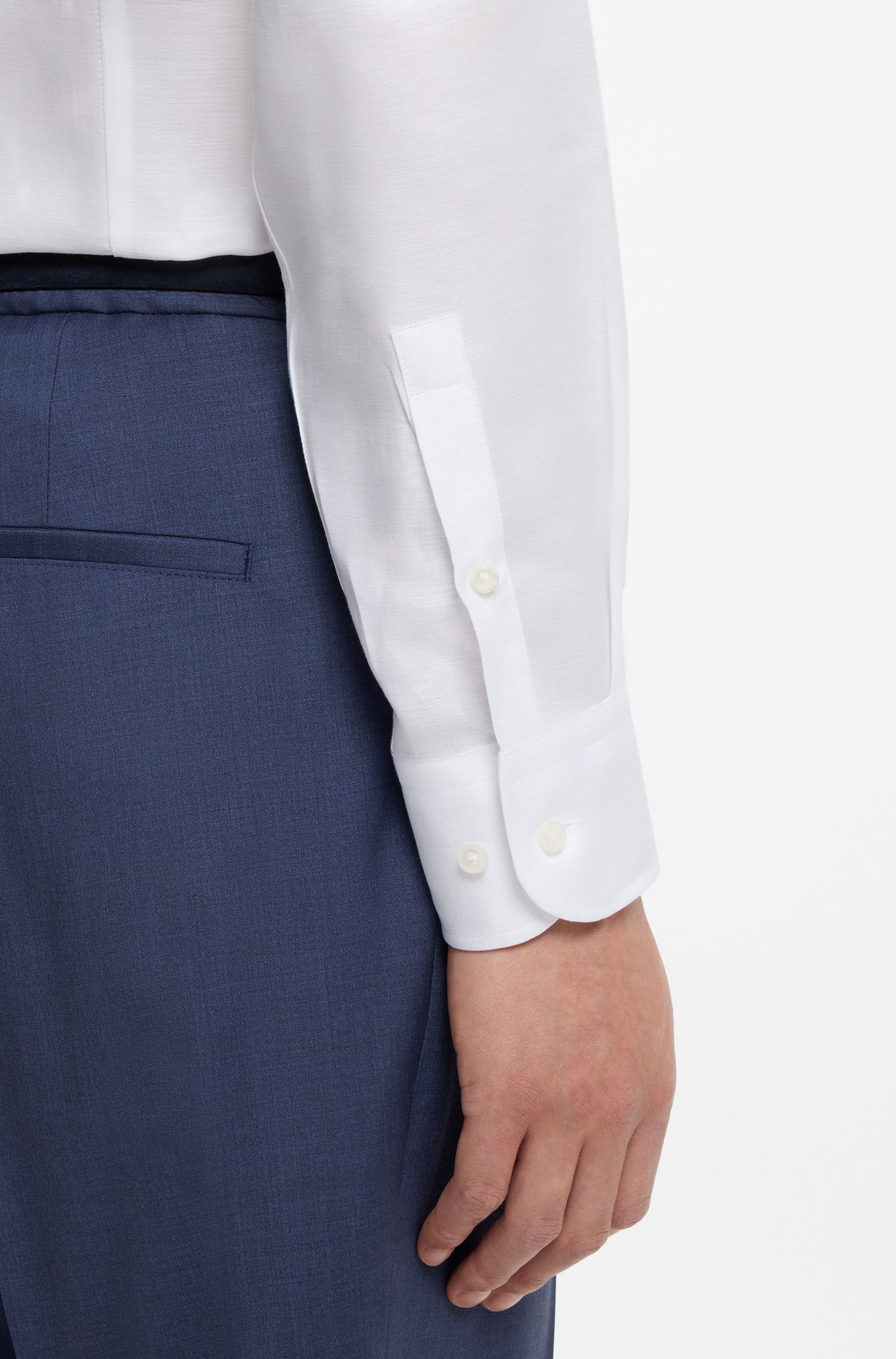 【BOSS博斯】亚麻混纺斜纹布修身衬衫