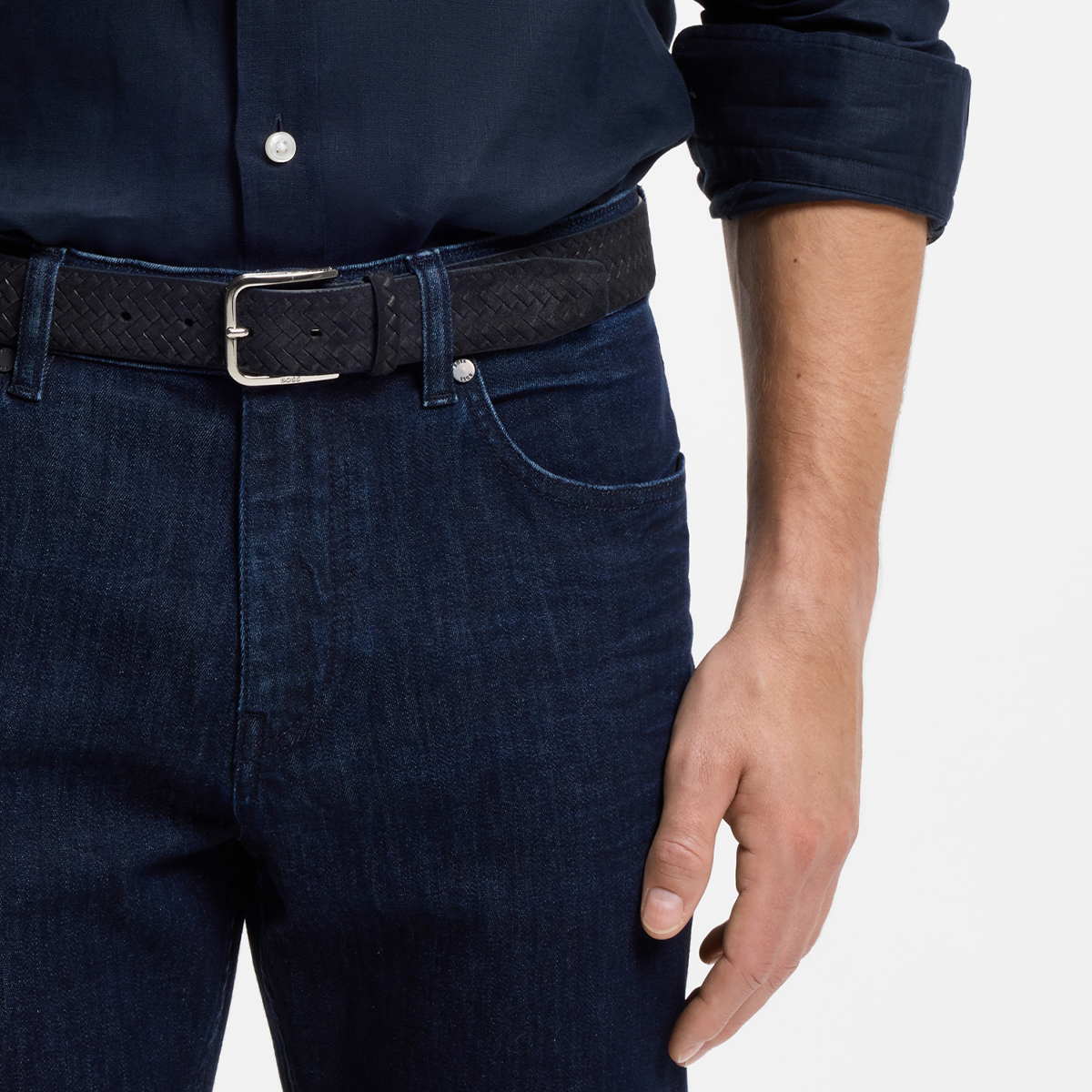 【BOSS博斯】徽标搭扣编织麂皮腰带