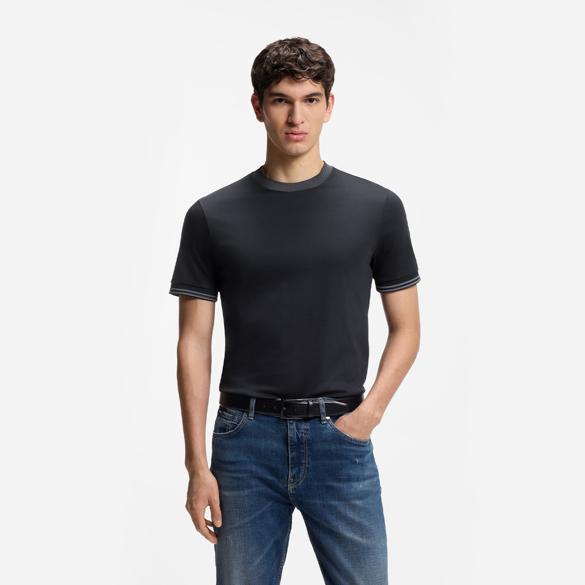 【BOSS博斯】撞色镶边丝光棉修身 T 恤