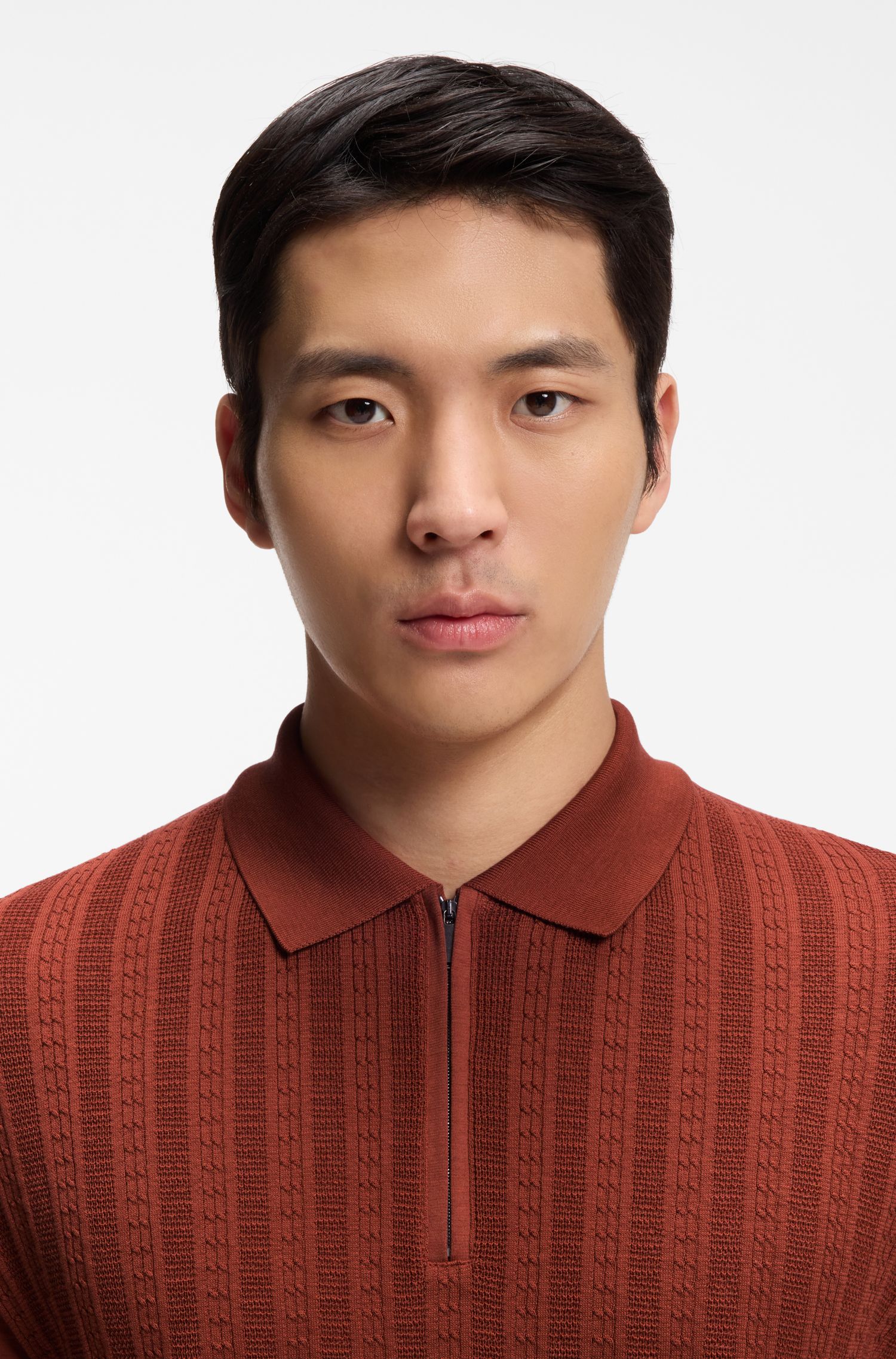 棉与真丝混纺拉链领口 Polo 衫