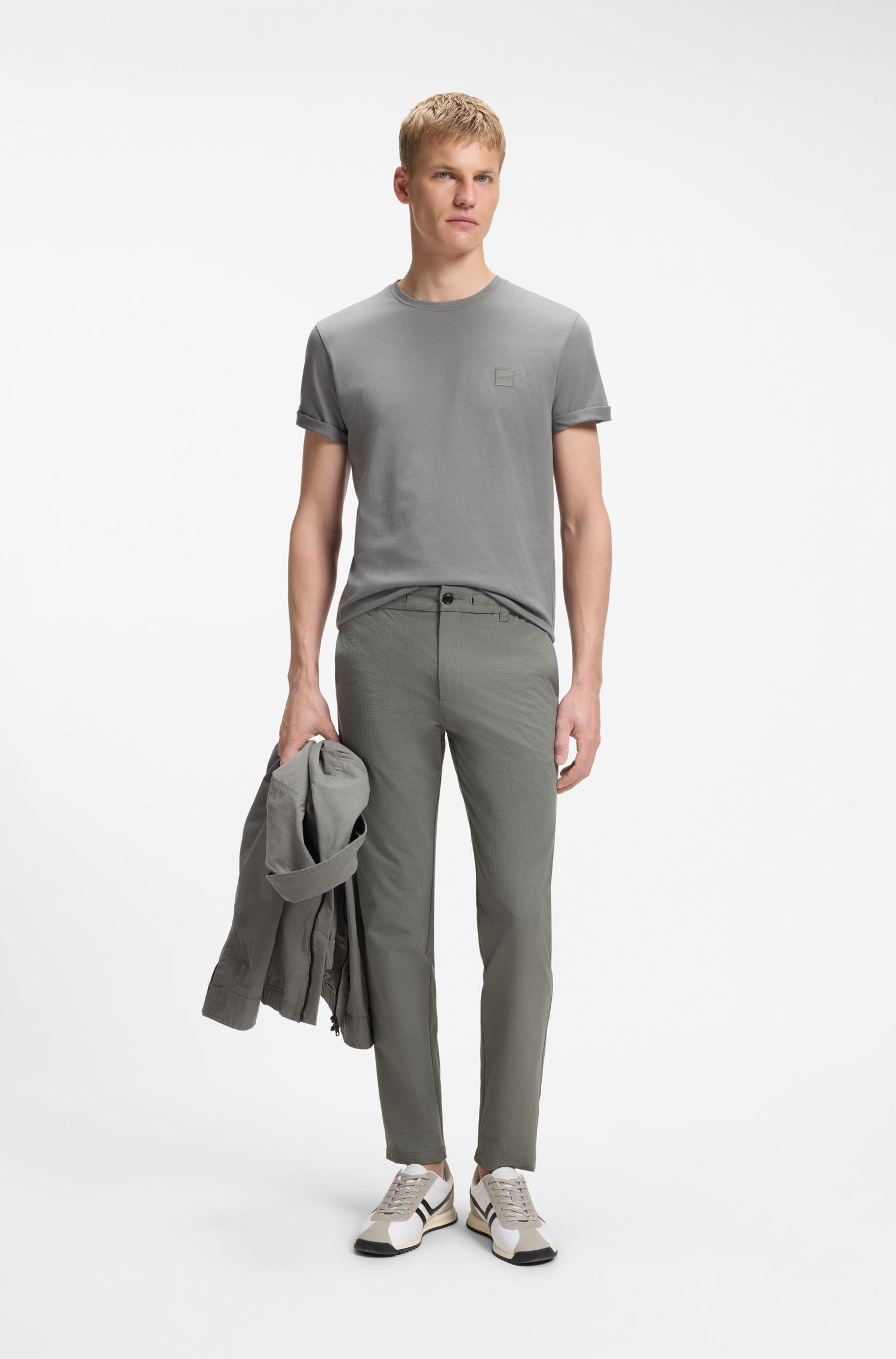 弹力泡泡布面料锥形长裤