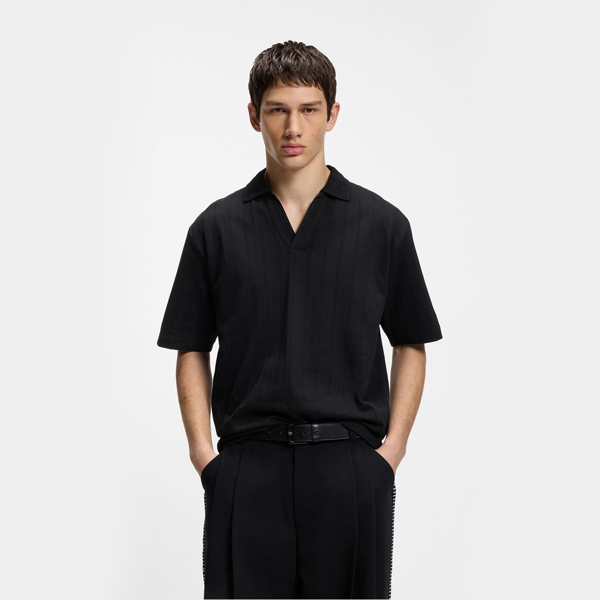 【HUGO雨果】提花条纹小立领Polo衫