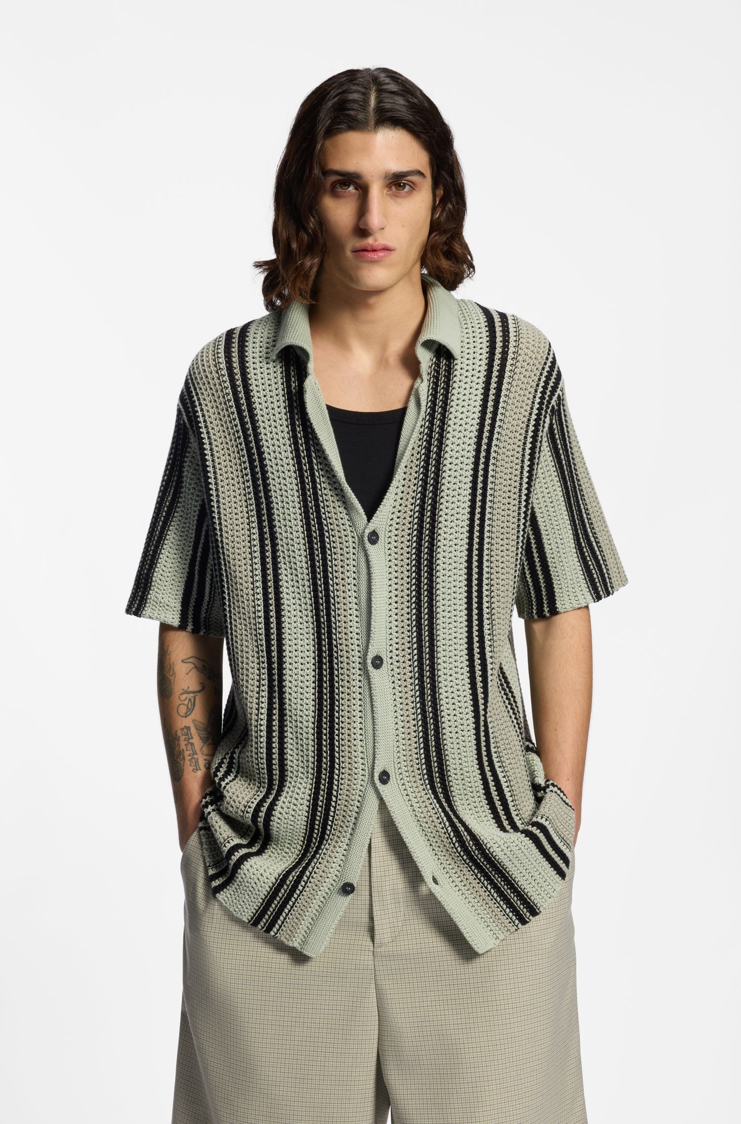 【HUGO雨果】镂空针织棉质宽松衬衫