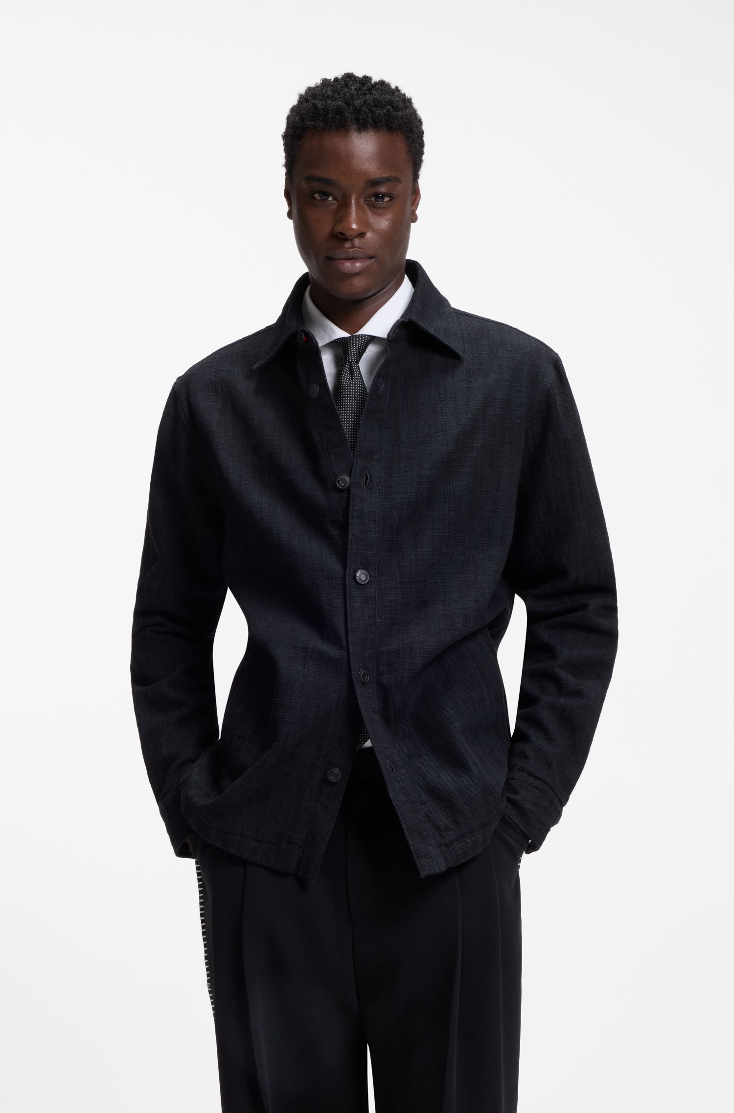 【HUGO雨果】侧口袋棉质帆布超大版型衬衫