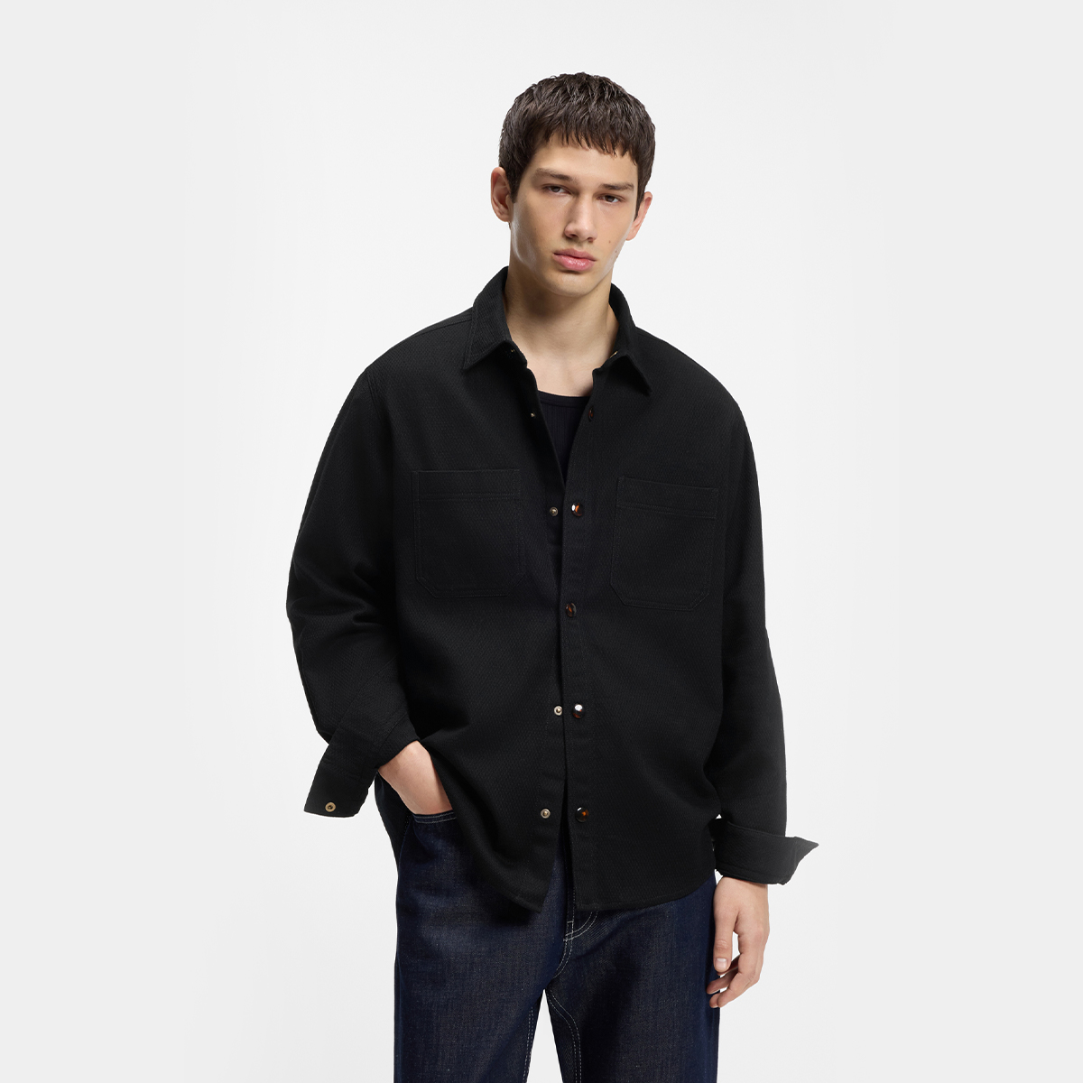 【HUGO雨果】贴袋饰宽松版型棉质斜纹衬衫