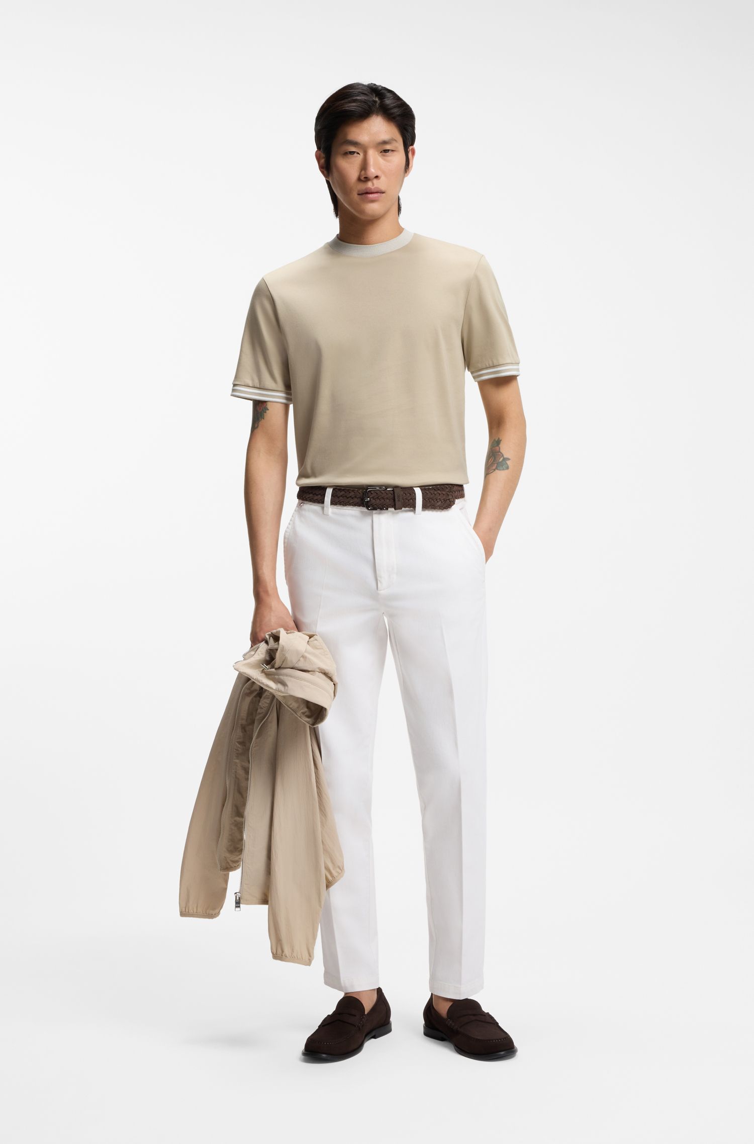 【BOSS博斯】撞色镶边丝光棉修身T恤