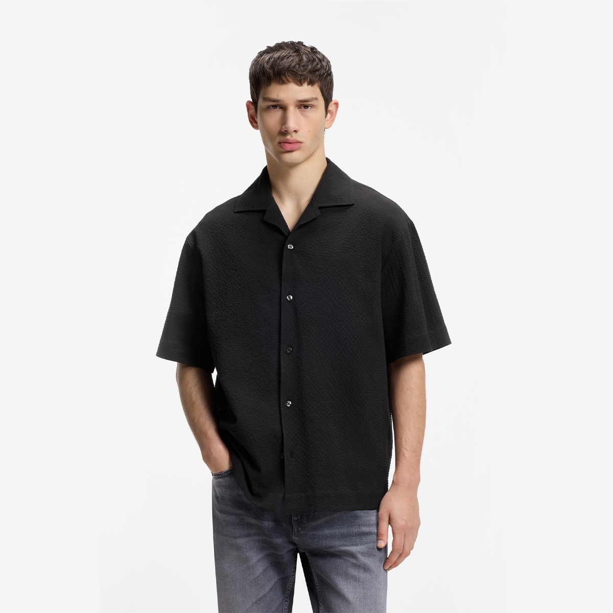 【HUGO雨果】弹力棉泡泡纱超大版型衬衫