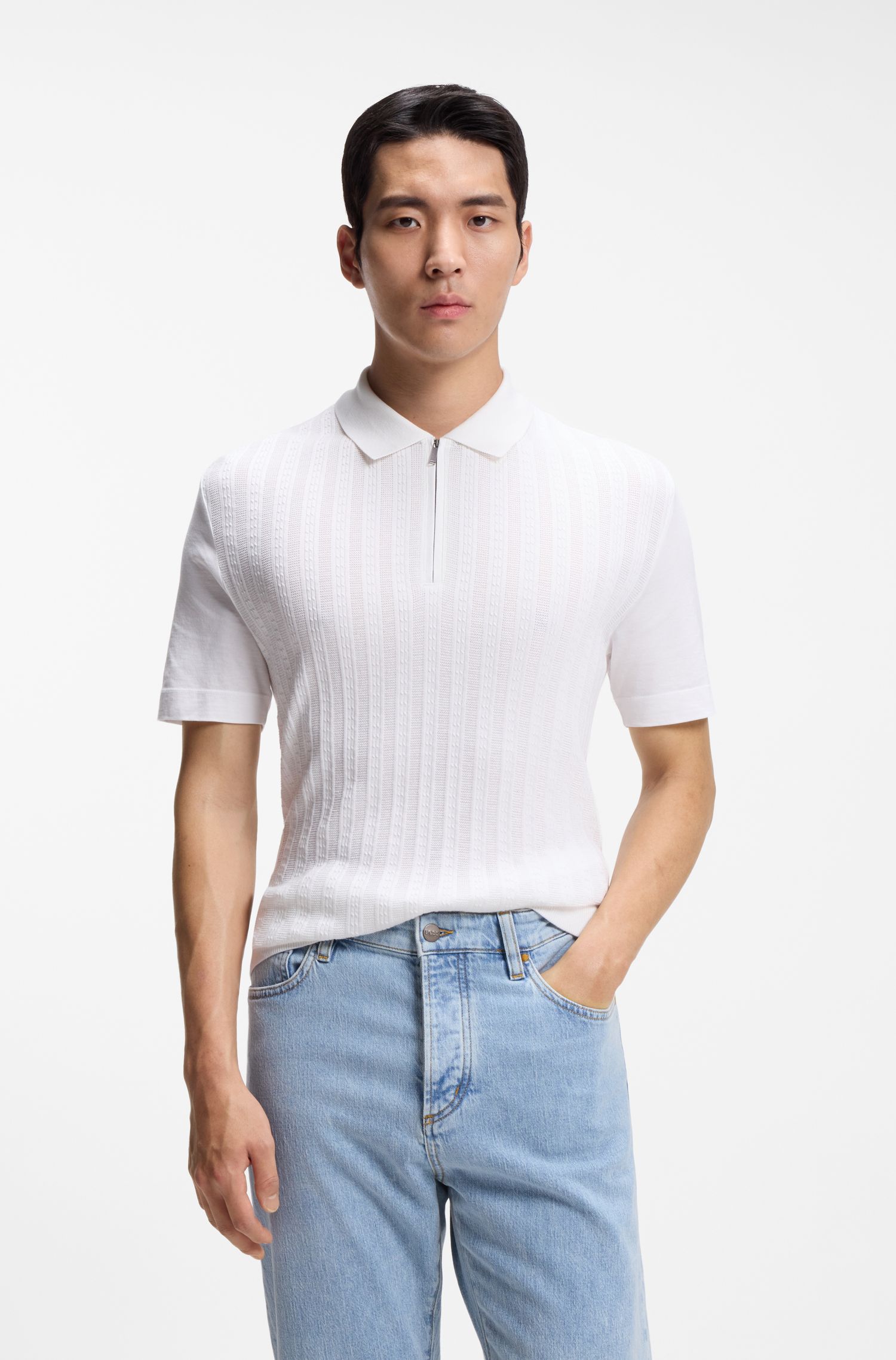 【BOSS博斯】棉与真丝混纺拉链领口 Polo 衫