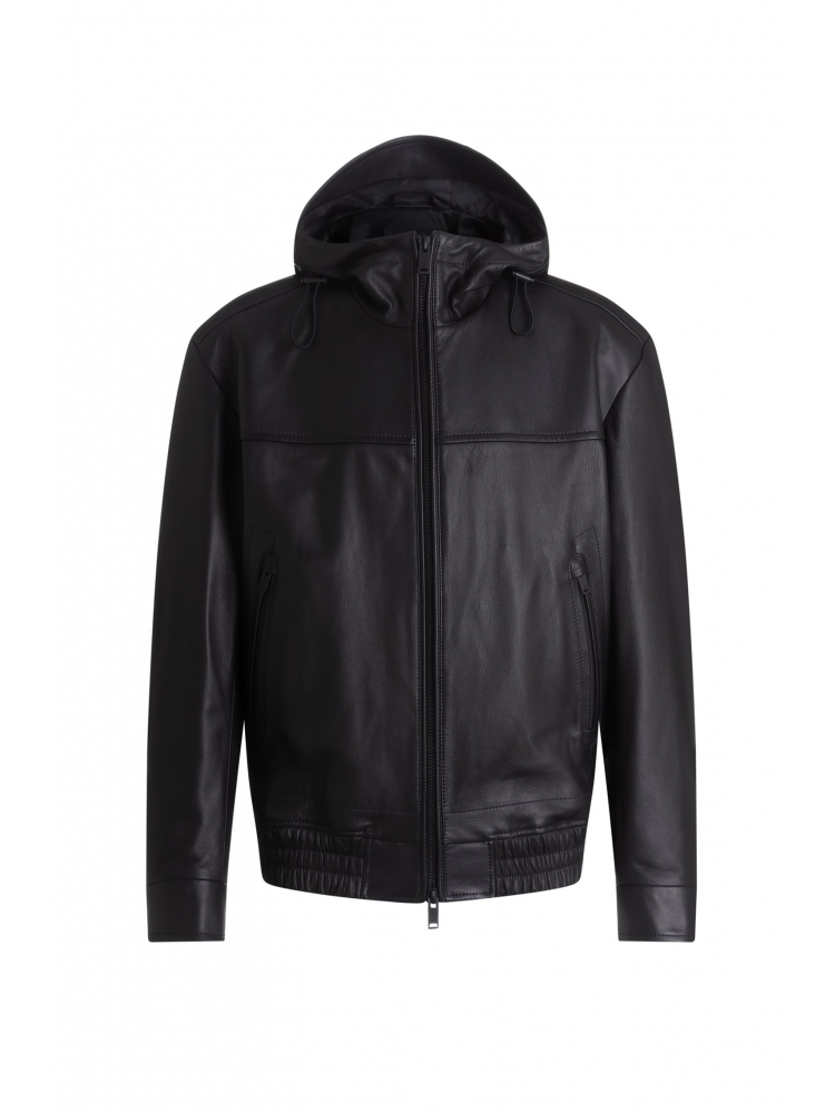 【BOSS博斯】黑色标准版型连帽皮衣