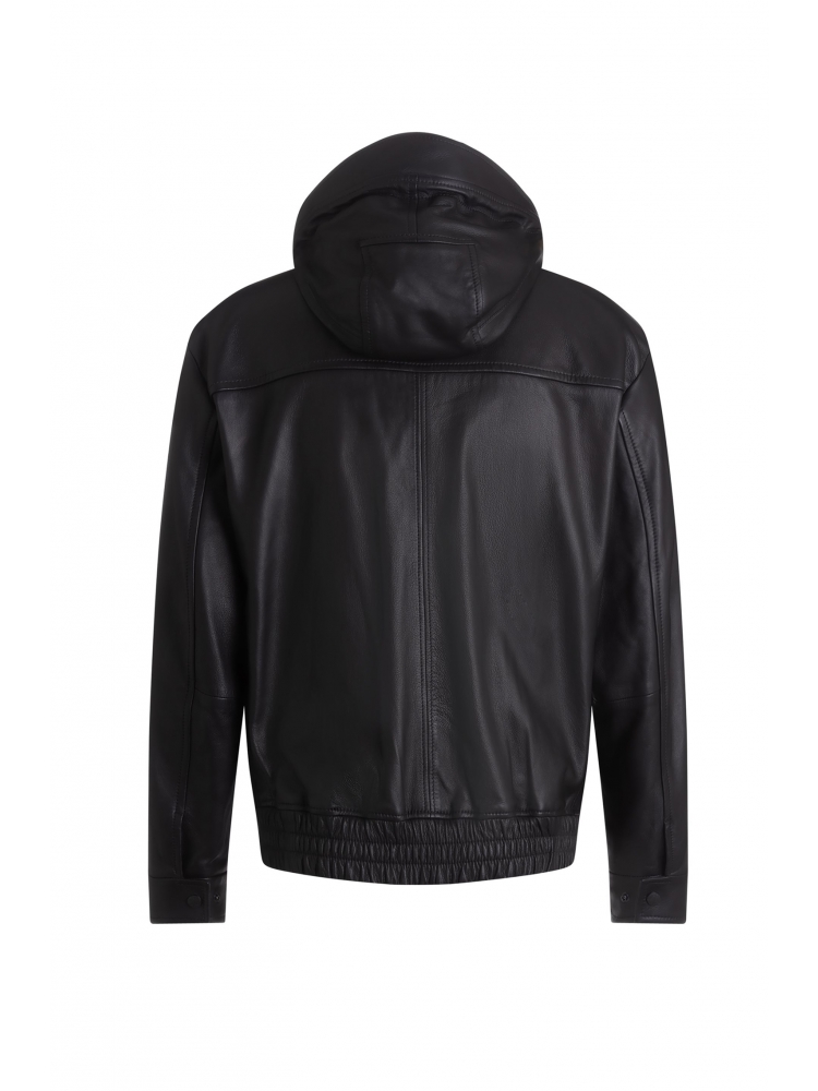 【BOSS博斯】黑色标准版型连帽皮衣