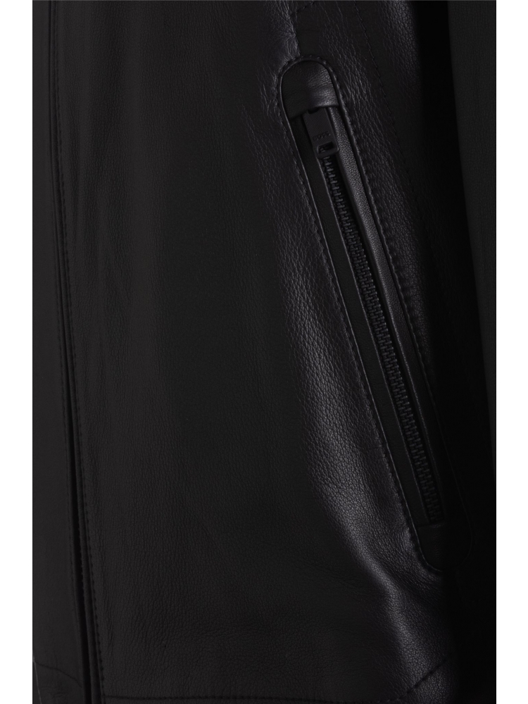 【BOSS博斯】黑色标准版型连帽皮衣