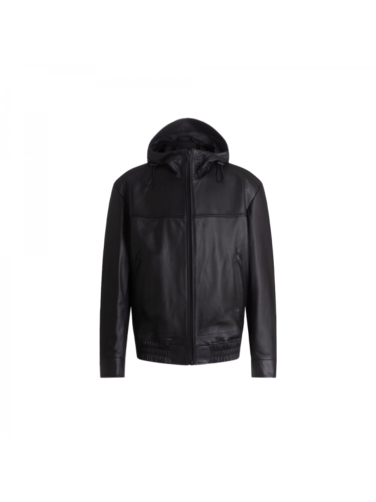 【BOSS博斯】黑色标准版型连帽皮衣